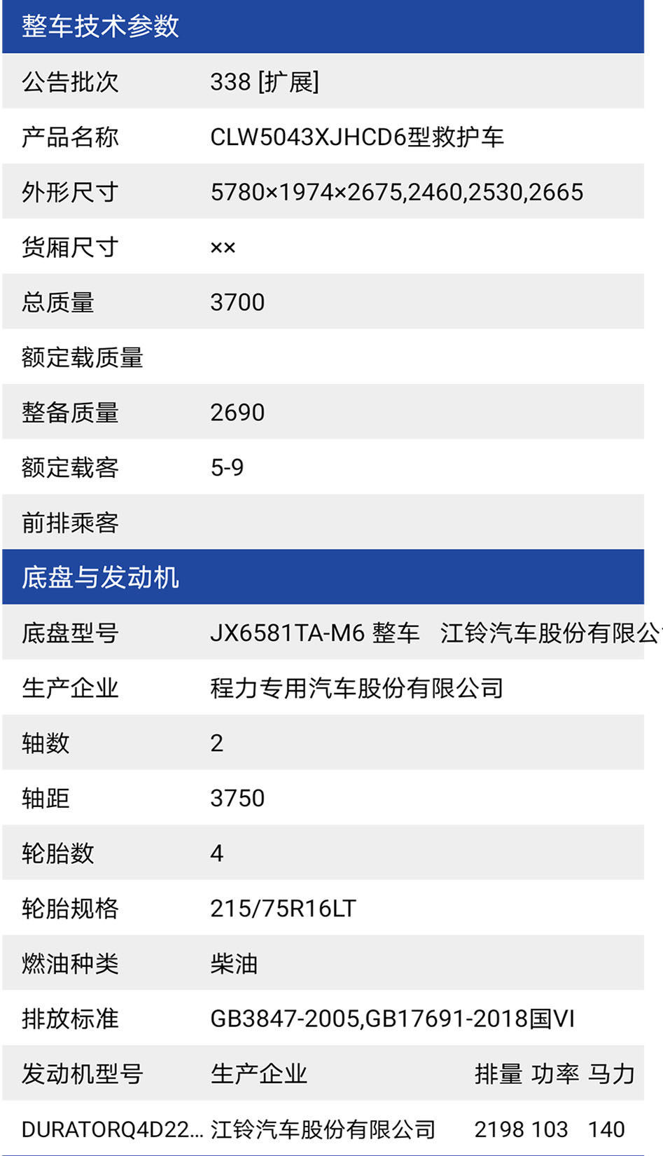 福特V348长轴高顶救护车参数表