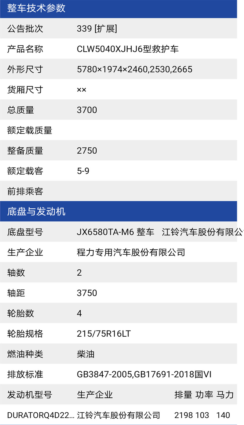 福特V348长轴中顶救护车参数表